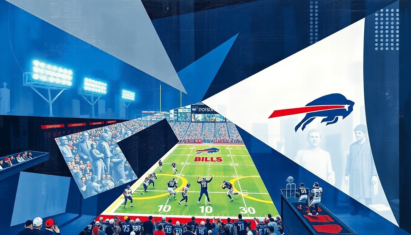 A cubist, geometric painting depicting a fragmented, multi-angled view of a football game, with sharp planes of color and shape representing the energy and movement of the sport.