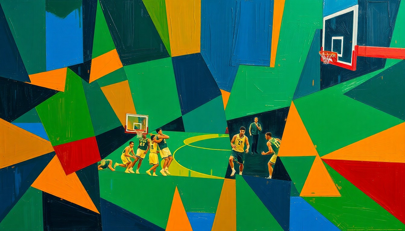 A cubist, geometric painting depicting a basketball game or match, with the players and court broken down into sharp, overlapping planes of navy, green, and orange, capturing the dynamic energy of the sport.