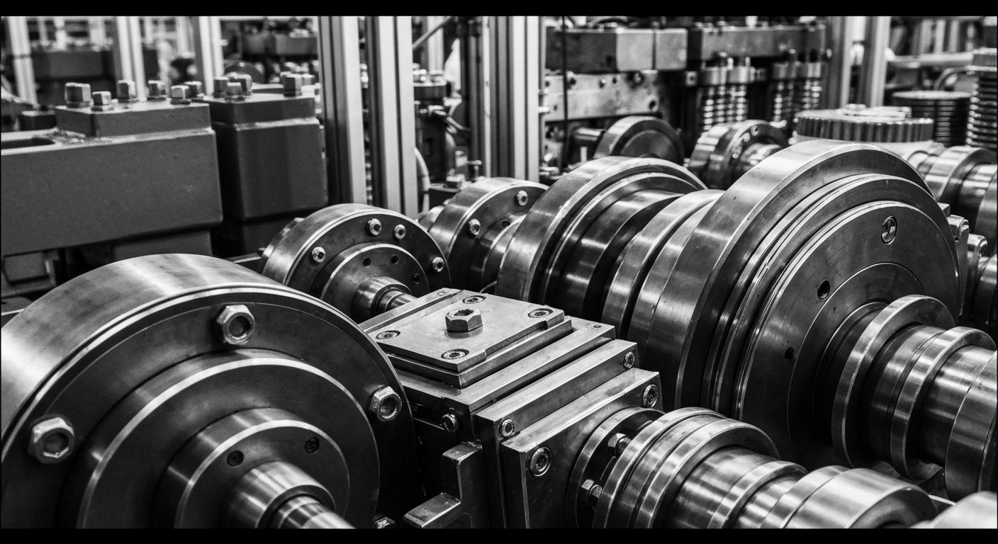 A high-contrast, black and white close-up image of the intricate gears, circuits, and mechanical parts that make up the heavy industrial equipment used in semiconductor fabrication, conveying the precision and power of the manufacturing process.