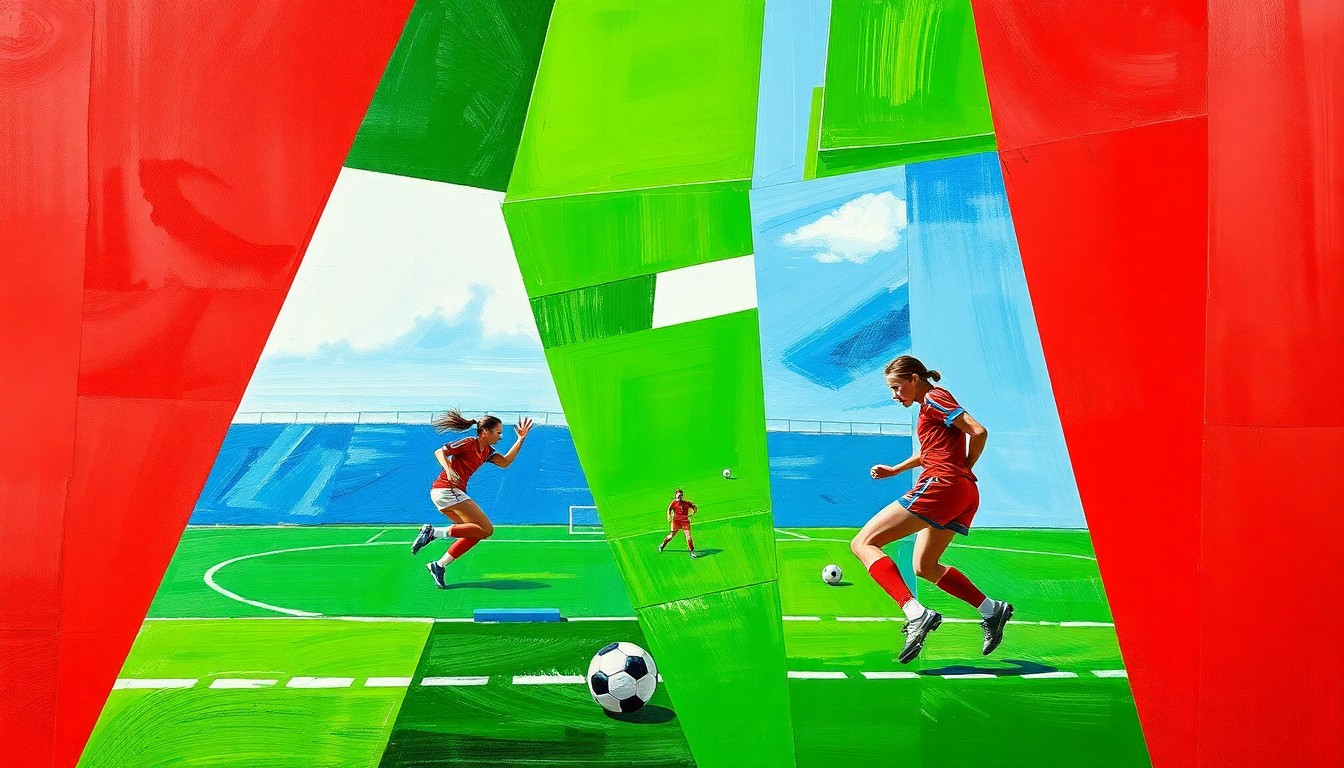 A vibrant, fragmented painting depicting the dynamic motion and energy of a girls high school soccer match, with players and the ball broken down into intersecting geometric shapes and planes of color.