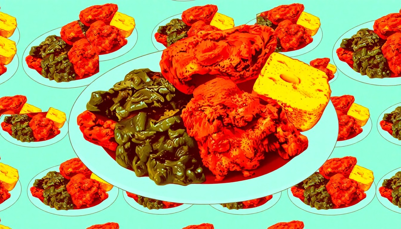 A highly stylized, abstract silkscreen print featuring a repeated pattern of a plate of classic Southern fried chicken, collard greens, and cornbread, rendered in a bold, neon color palette with heavy black outlines, capturing the energy and flavor of Augusta's dining options during the Masters Tournament.