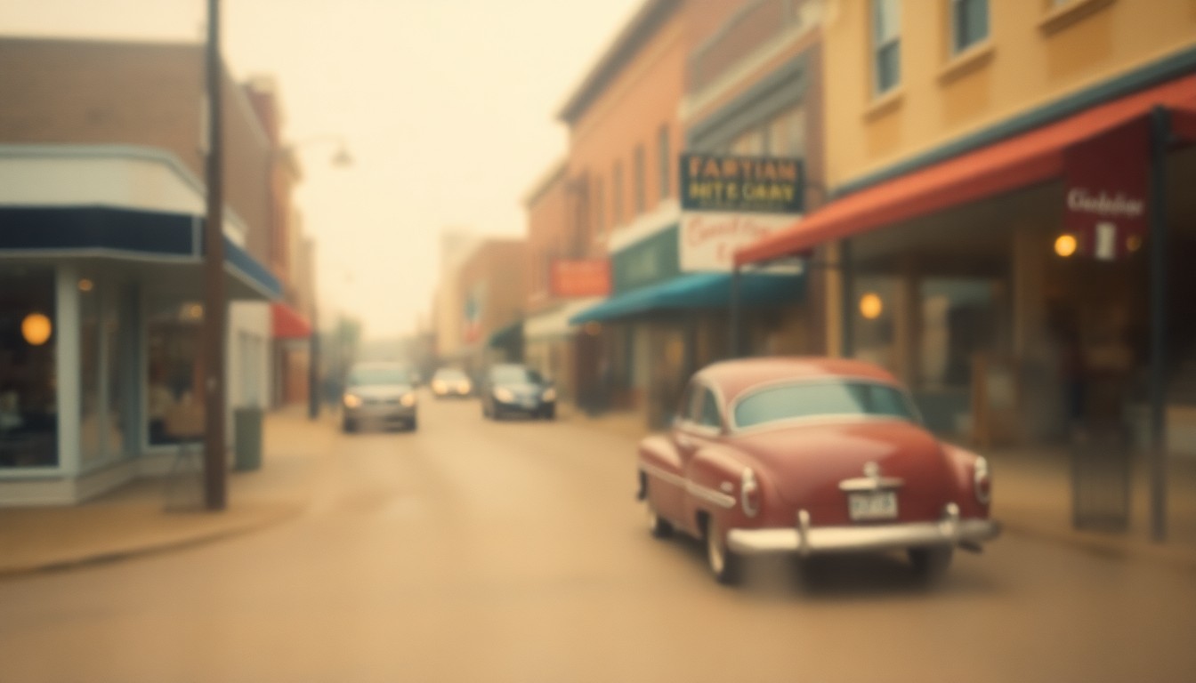 An abstract, impressionistic photograph in soft, warm tones depicting a hazy, out-of-focus scene of a small-town main street, evoking a sense of nostalgia and the historical setting of a new novel.