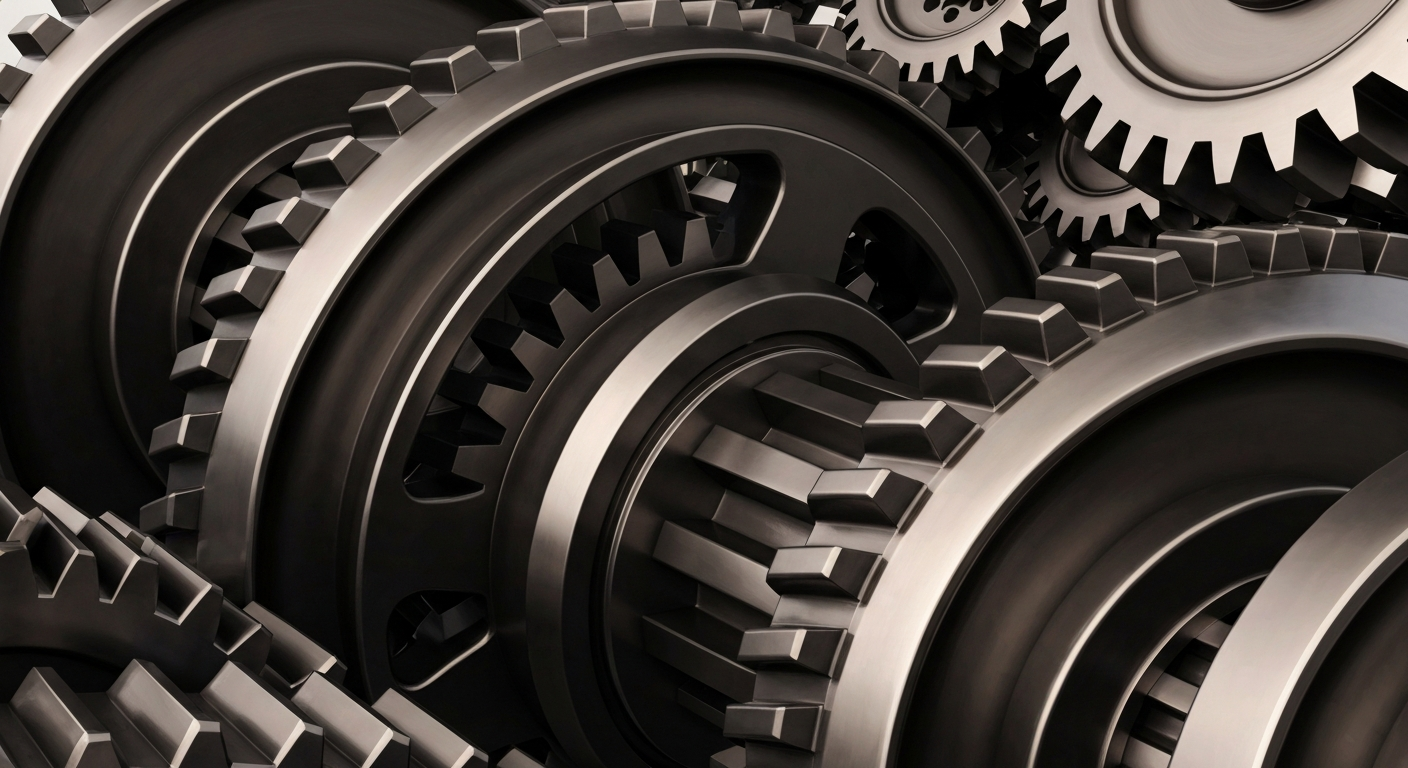 An extreme close-up of intricate, interlocking metal gears and machinery, conveying the industrial power and financial stability of a large materials company.