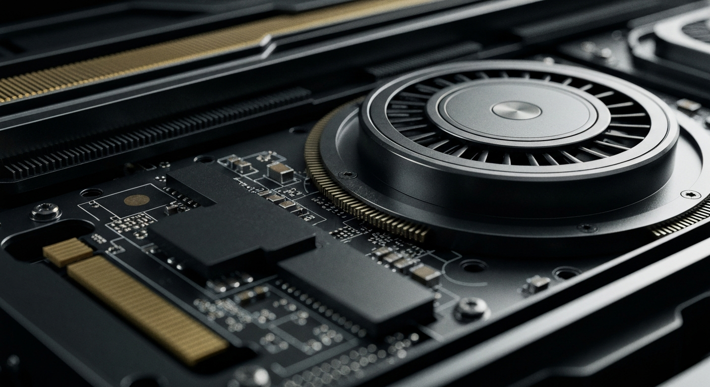 A close-up view of the complex, metallic components and circuits of a high-performance NVIDIA graphics card, conveying a sense of technological power and precision.