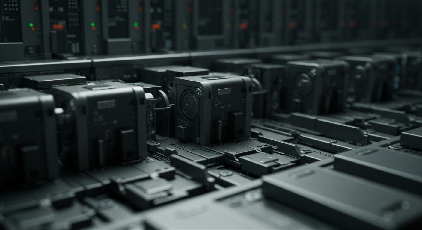 An extreme close-up of a tangle of metal gears, wires, and circuit boards, conceptually representing the complex financial infrastructure that powers Microsoft's cloud computing and enterprise software business.