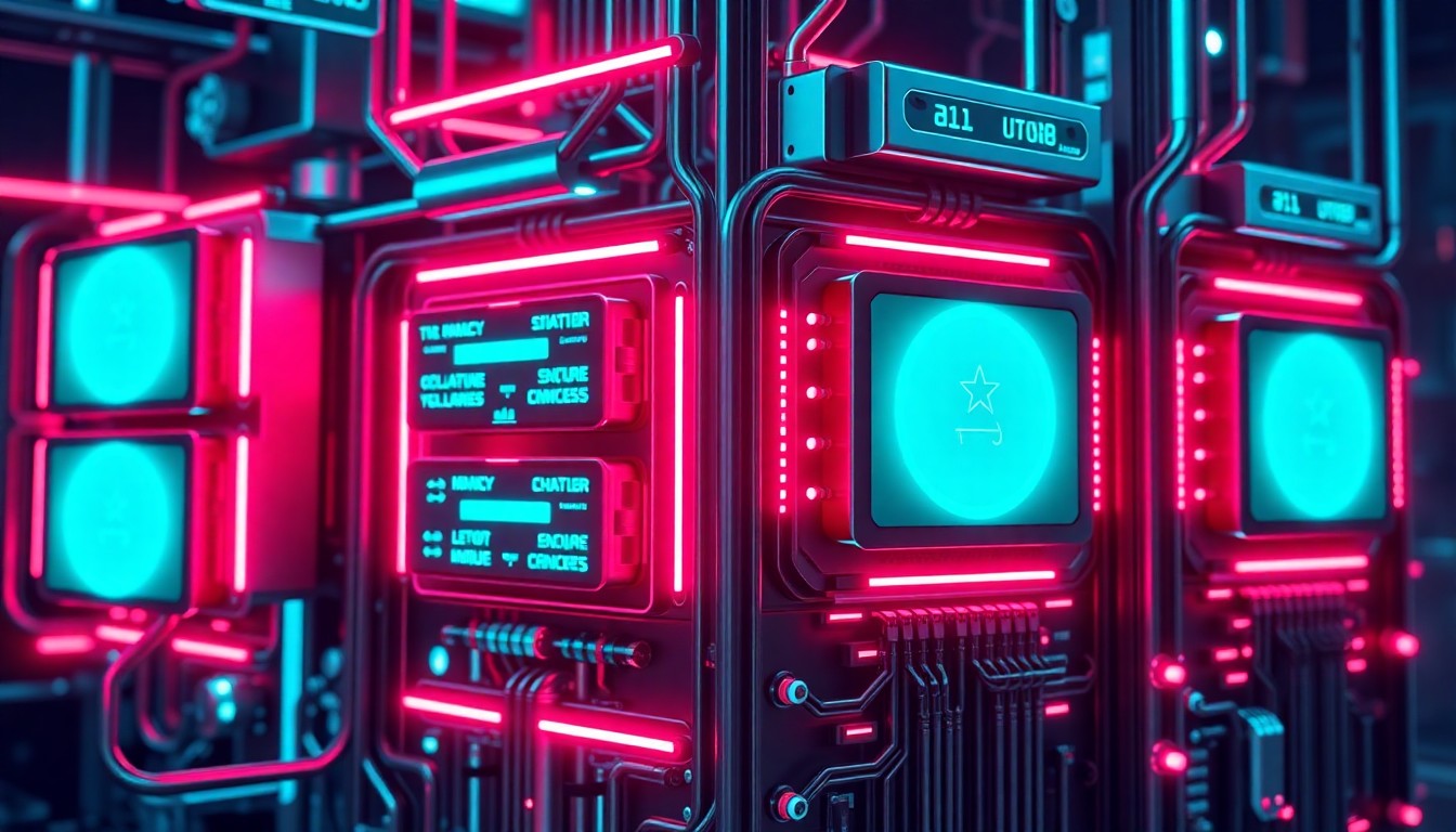 A highly detailed, glowing 3D illustration of a complex, futuristic AI hardware system with neon cyan and magenta lights, conceptually representing the advanced technology powering Anthropic's Claude chatbot.