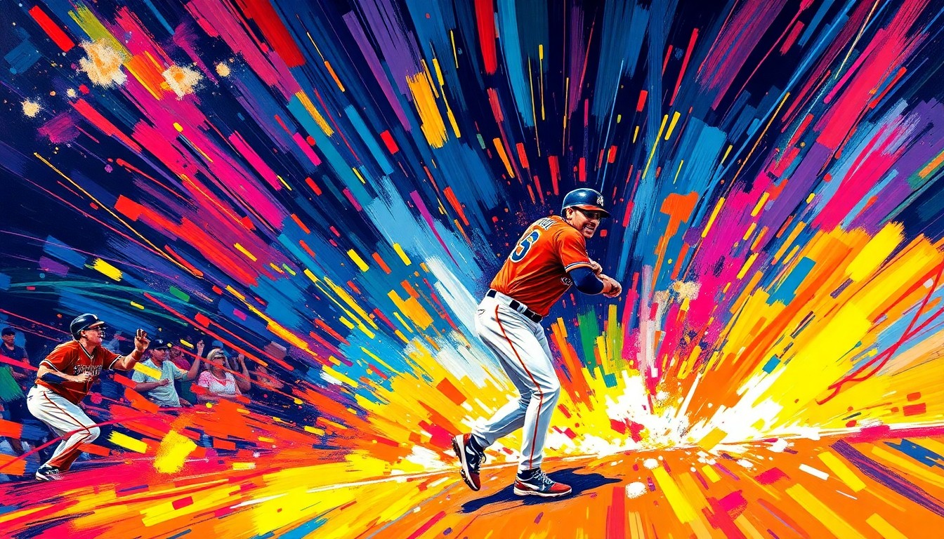 An abstract, energetic painting featuring bold, neon-colored brushstrokes that capture the dynamic action and momentum of a baseball game, conveying the excitement and intensity of the Rockies' comeback win.