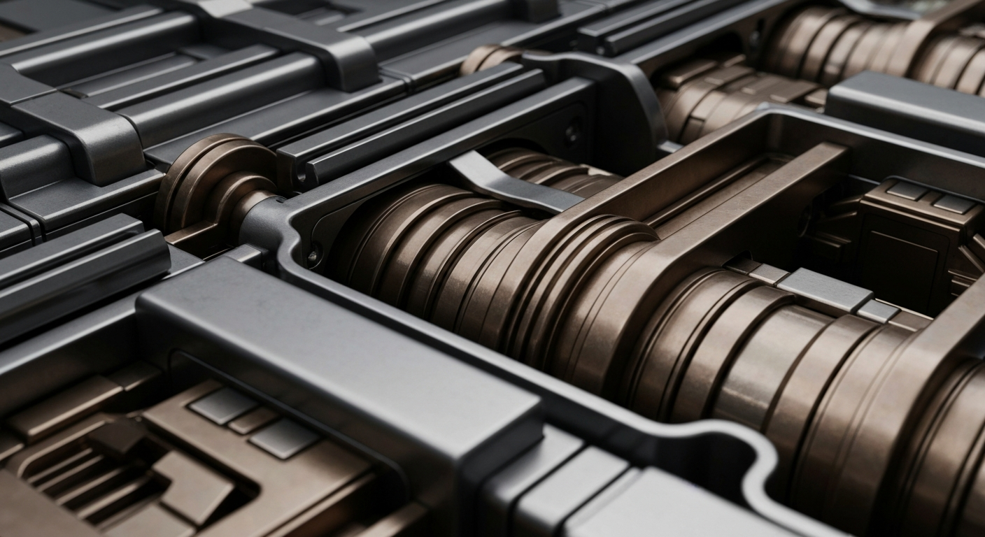 An extreme close-up of heavy, intricately designed banking and financial equipment in shades of steel gray, bronze, and chrome, conceptually representing the complex infrastructure supporting the growth of the healthcare and biotech industries.