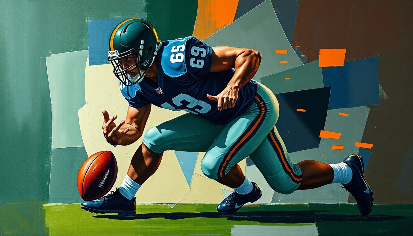 A fragmented, geometric painting depicting a football player in the midst of a tackle, with sharp planes of dark green, navy blue, and orange conveying the intense physicality of the sport.