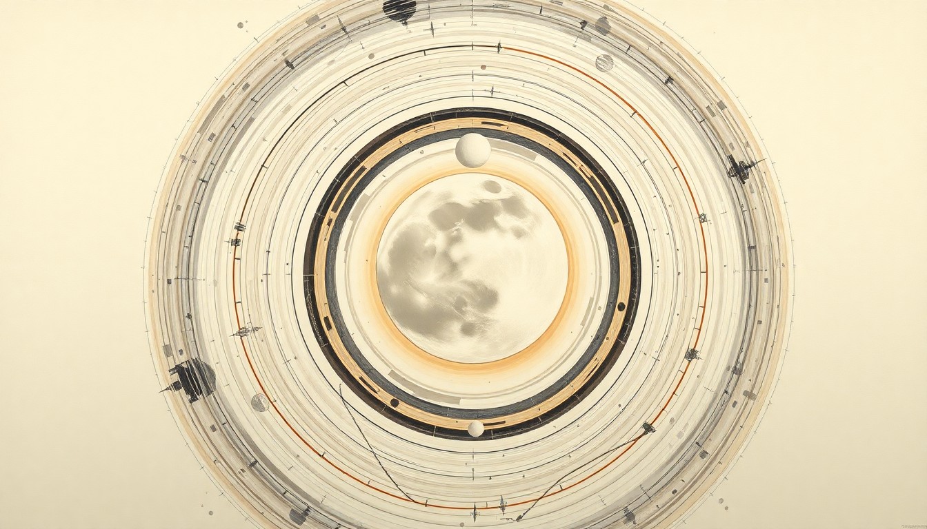 A highly textured, abstract painting in earthy tones featuring sweeping geometric arcs, concentric circles, and precise orbital spirals, conceptually representing the Artemis II spacecraft's journey around the moon and its record-breaking distance from Earth.