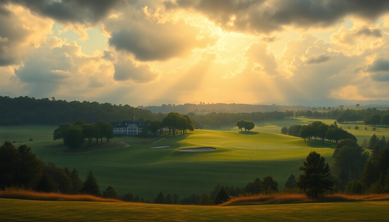 A sweeping, atmospheric landscape painting depicting the iconic Augusta National Golf Club clubhouse and fairways dwarfed by the dramatic, natural environment, with dramatic lighting and a sense of the overwhelming scale of the course.