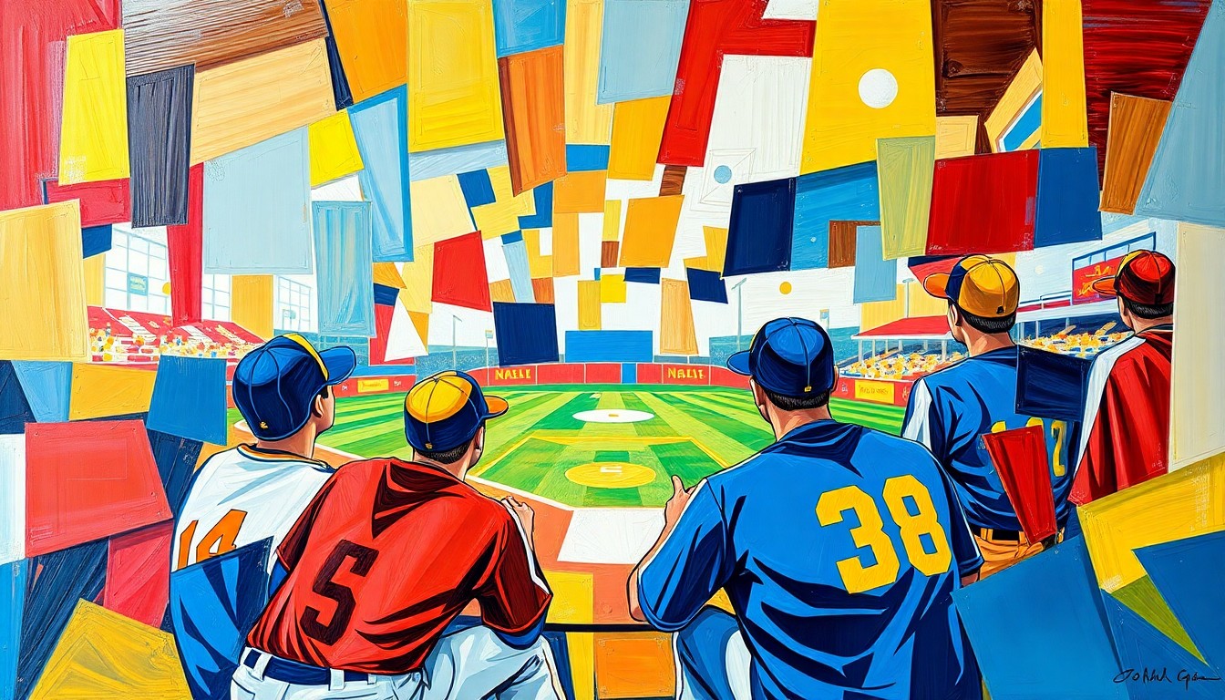 A cubist, geometric painting depicting the dynamic action of a high school baseball game, with overlapping planes of vibrant blue, gold, red, and white creating a kinetic, energetic composition.