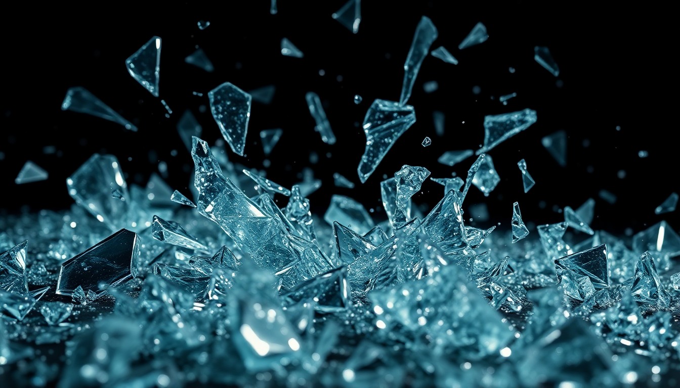 An abstract close-up image of shattered glass and glittering shards, captured in dramatic high-contrast studio lighting to convey the gritty, high-stakes tone of The Boys' final season.