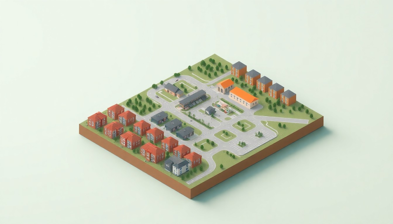 A colorful, minimalist 3D illustration depicting a bird's-eye view of a new master-planned community with rows of stylized residential buildings, parks, and a central commercial district, conceptually representing the scale and scope of the Everlands West development in Palm Bay, Florida.