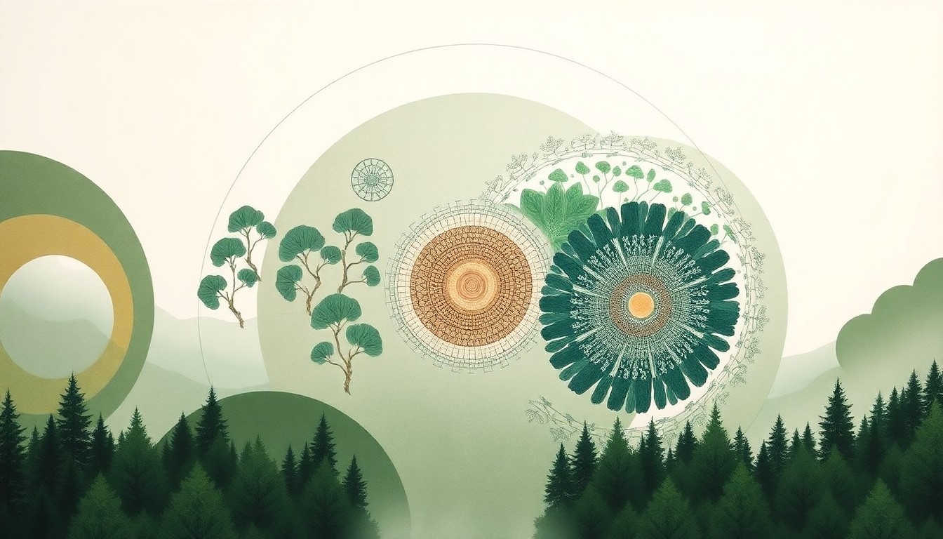 A highly textured, abstract painting in soft earth tones of green, brown, and blue, featuring sweeping geometric arcs, concentric circular patterns, and precise botanical spirals, conceptually representing the complex interplay between forest fragments, surrounding matrix, and bird biodiversity.