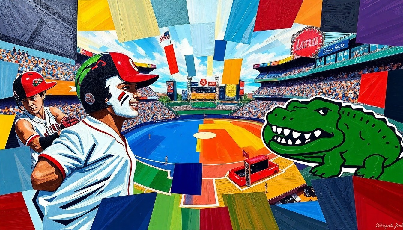 A fractured, geometric painting in vibrant colors representing the competitive energy of a college baseball game between Florida State and Florida, with no identifiable players or logos.