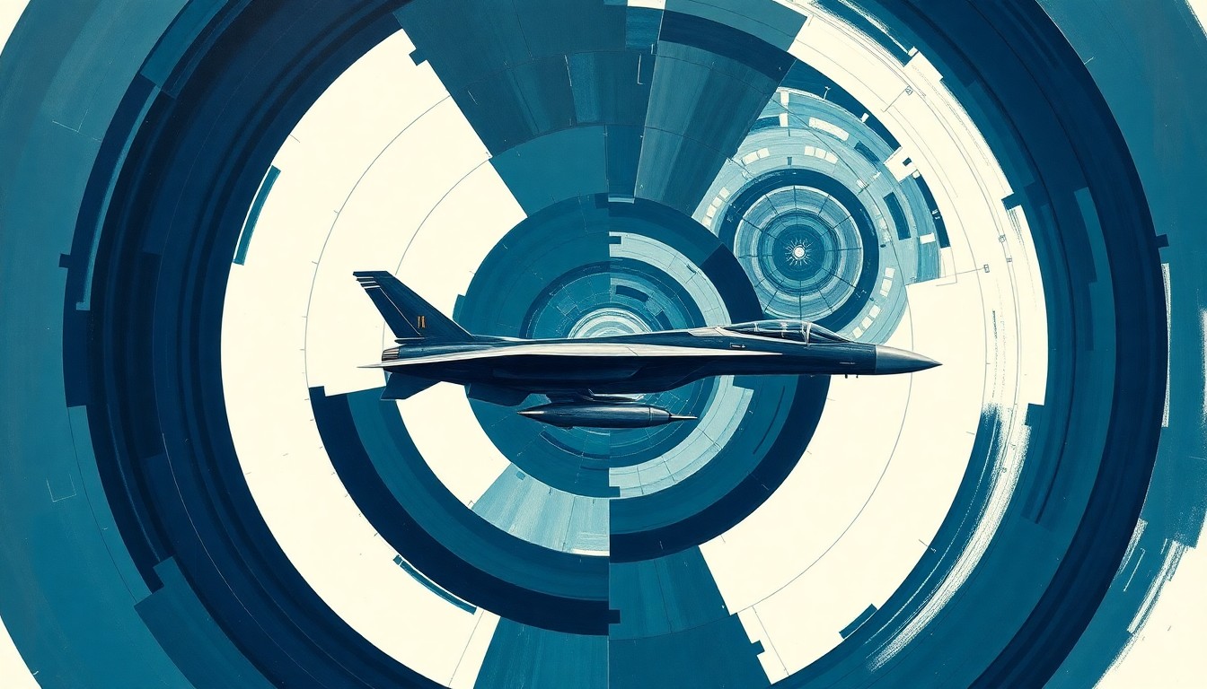 A bold, geometric abstract painting in shades of blue, grey, and metallic accents, depicting the complex aerodynamic forces and advanced missile systems of an unbuilt military aircraft through sweeping arcs, concentric circles, and precise technical spirals, conveying its structural power and technical sophistication.