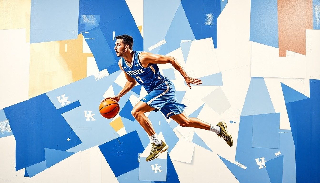 A cubist-style painting featuring sharp, overlapping geometric shapes in shades of blue, white, and gold, representing the fractured and multifaceted nature of a college basketball player's career and the challenges of navigating NCAA eligibility requirements.
