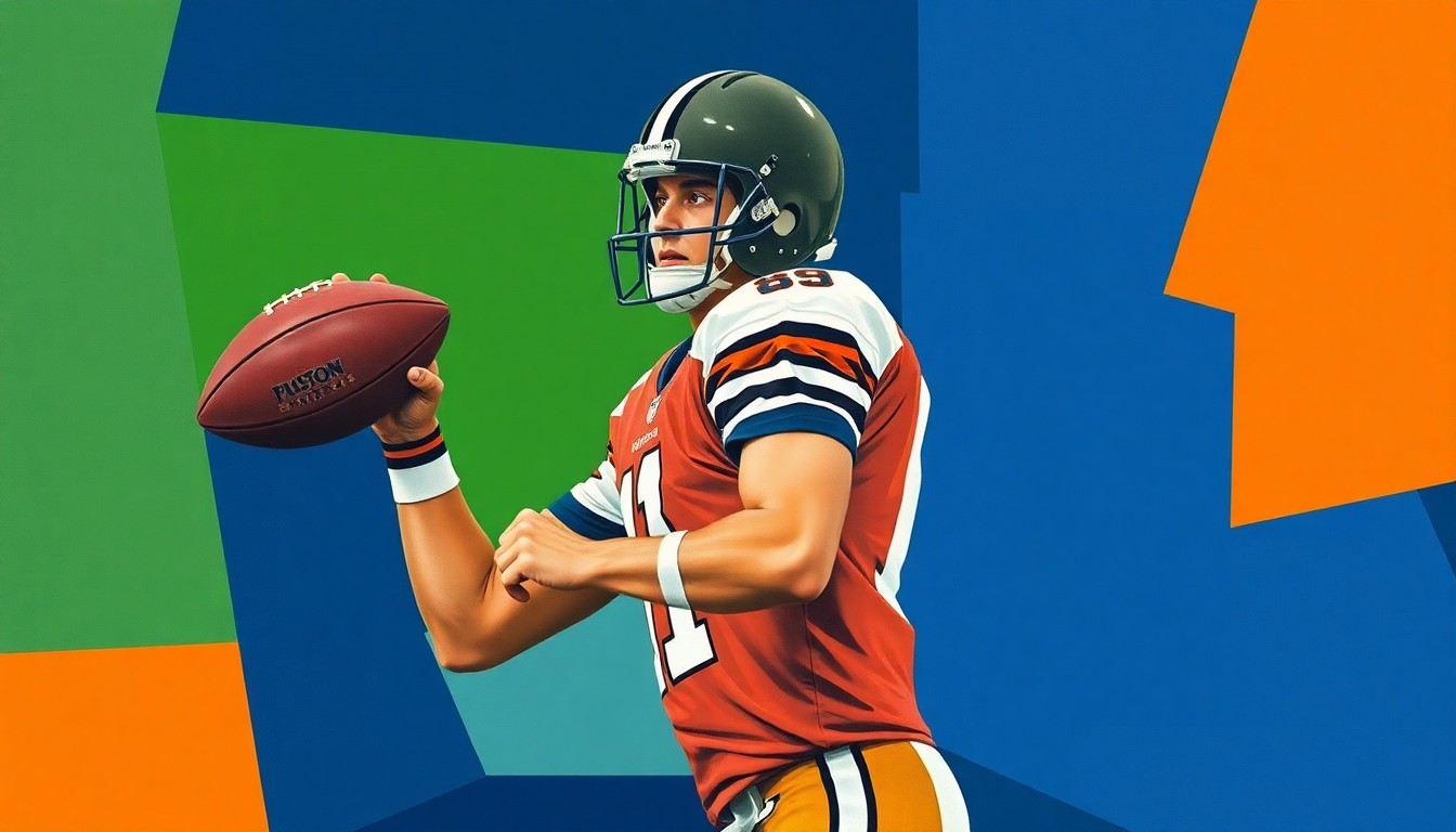 A cubist, geometric painting depicting a football quarterback in the process of dropping back to pass, with the figure broken down into sharp, overlapping planes of navy, green, and orange, conveying a sense of dynamic movement and strategic complexity.