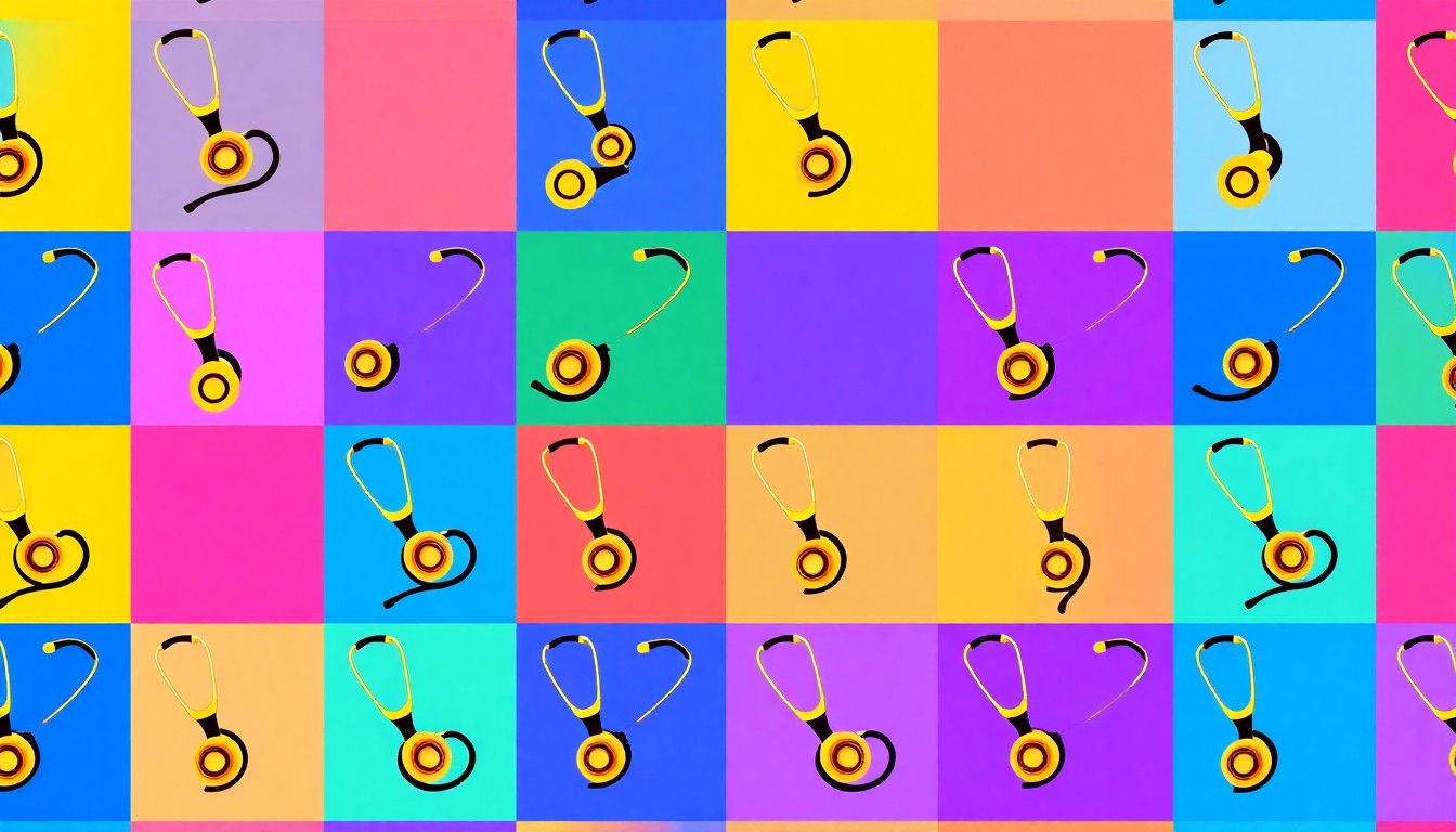 A bold, colorful silkscreen illustration of a stethoscope icon repeated in a grid pattern, capturing the iconic medical imagery and vibrant pop art style of the U.S. News rankings report.