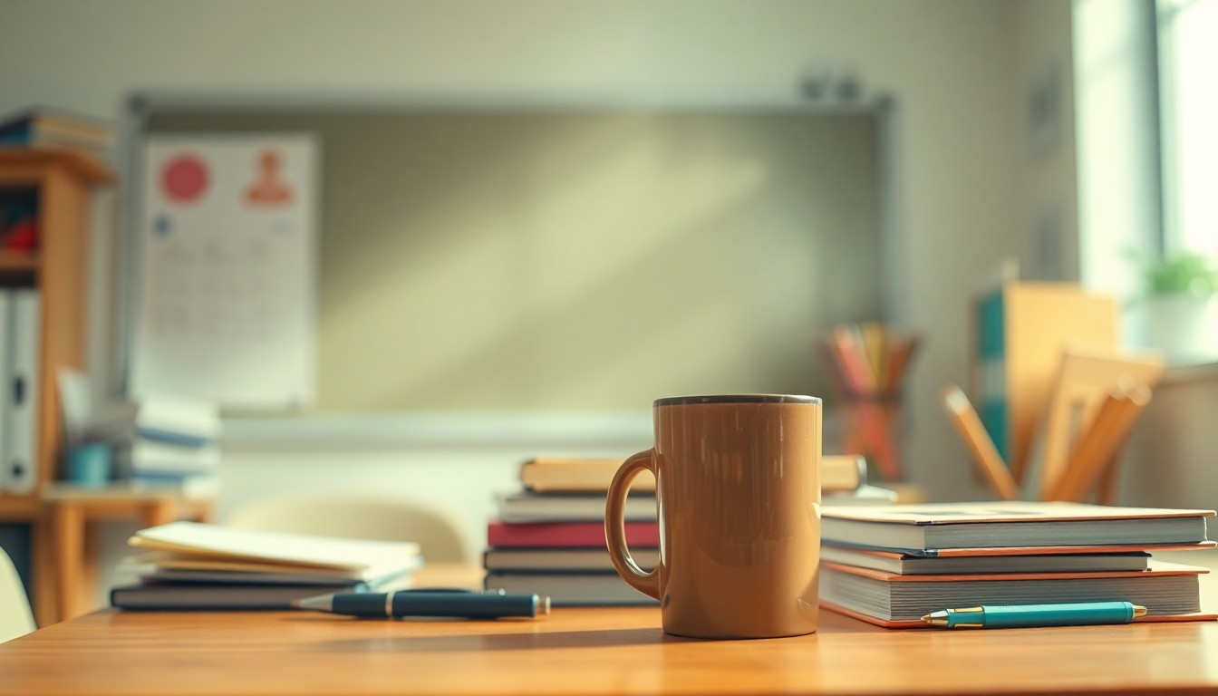 A blurred, intimate photograph of a teacher's desk with school supplies, books, and a coffee mug, capturing the warm, cozy atmosphere of a classroom.