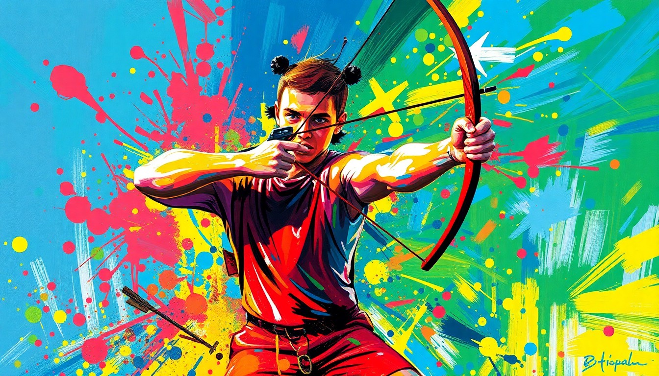 An abstract, expressionist painting in vibrant neon colors depicting the dynamic motion and energy of an archery competition, with the archer's form dissolving into colorful brushstrokes.