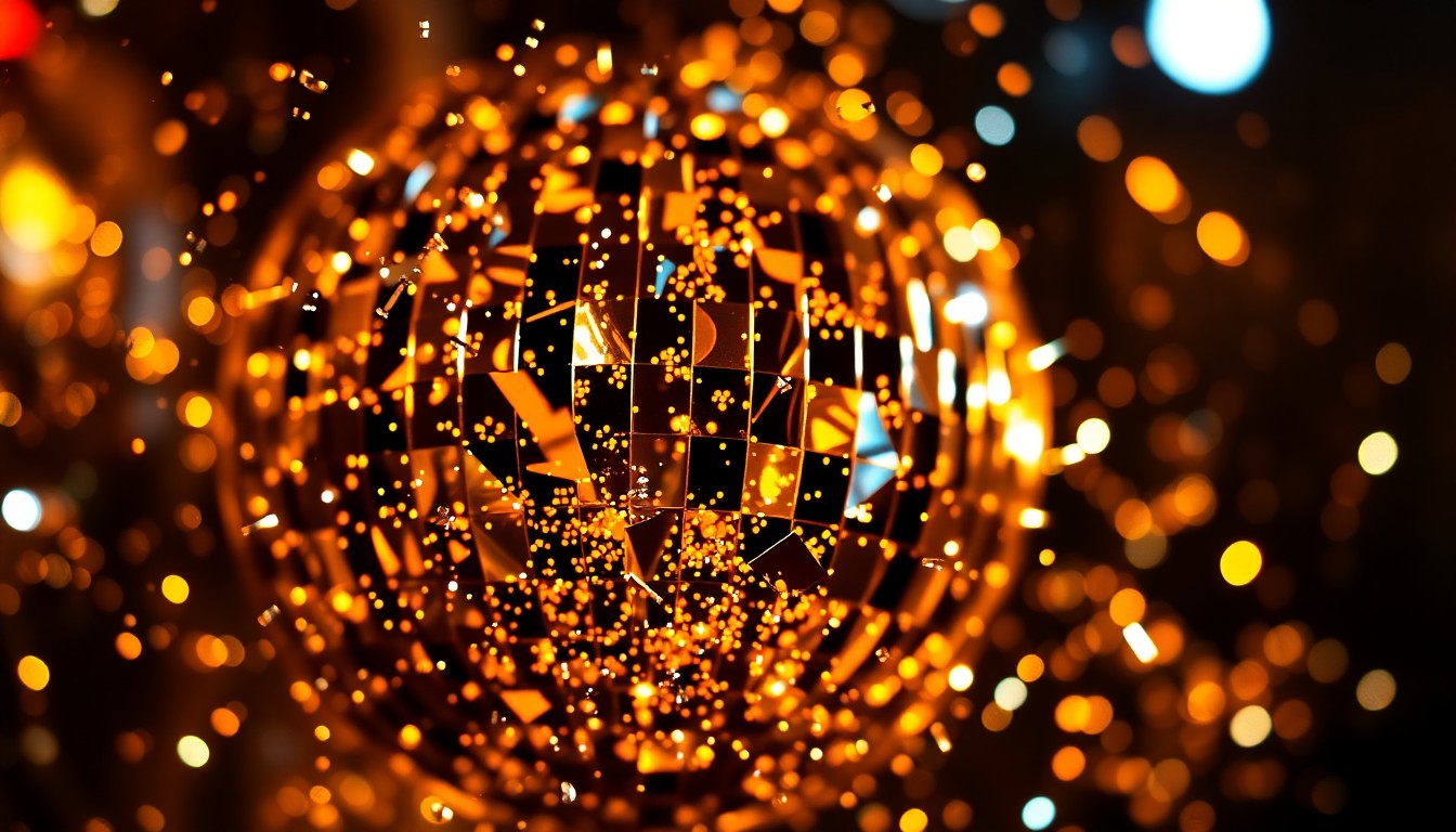 An abstract close-up photograph of shattered disco ball fragments reflecting bright, high-contrast light, creating a glittering, glamorous visual metaphor for the energy and anticipation of new music releases.