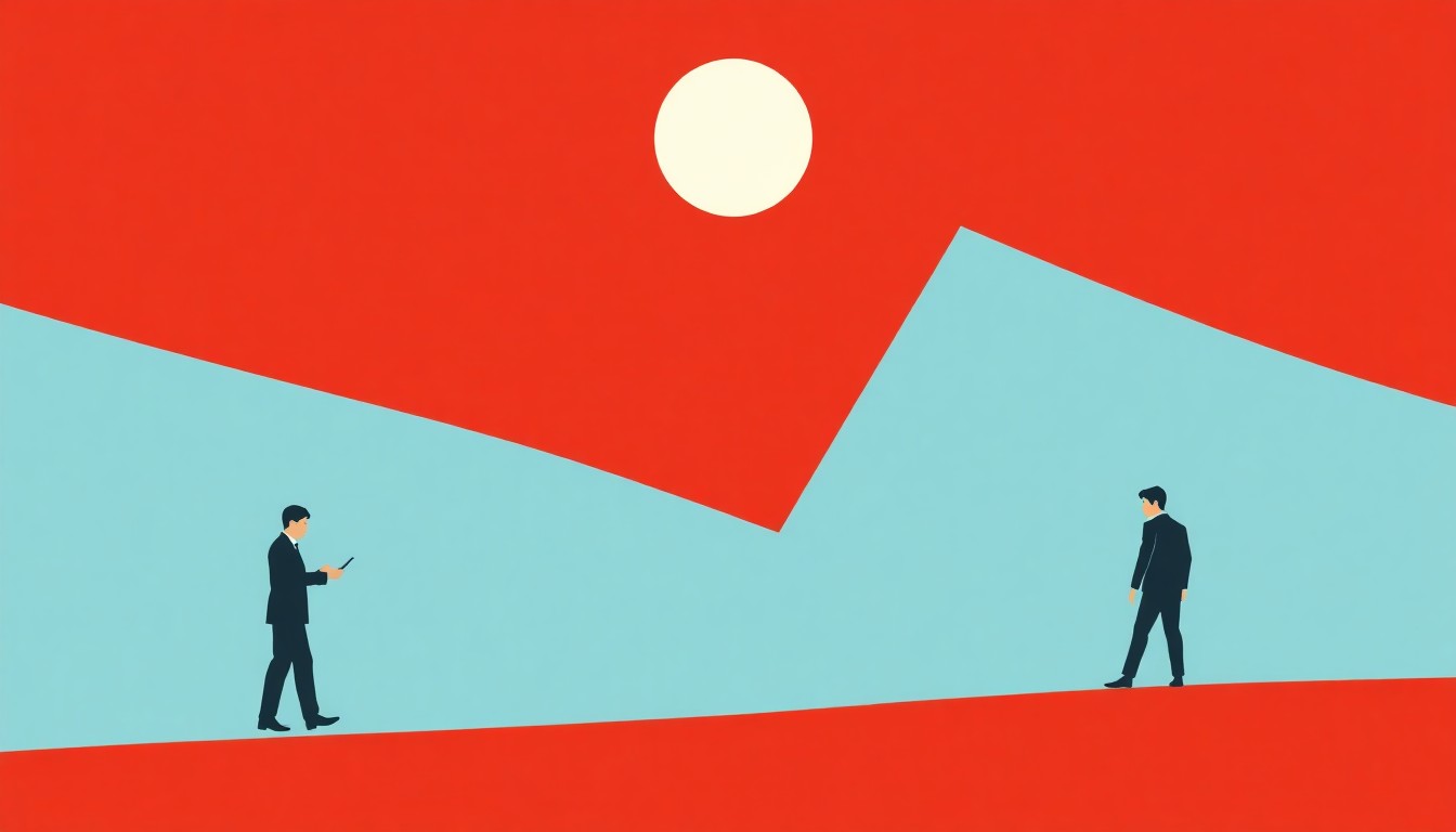 A minimalist abstract illustration featuring overlapping triangles and circles in shades of red, blue, and yellow, conceptually representing the interplay of inflation, unemployment, and economic stagnation.