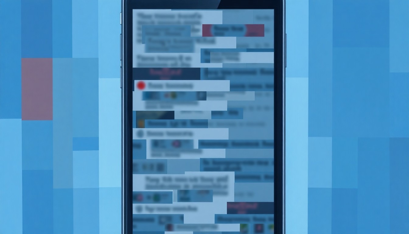 A vibrant, abstract painting depicting a fragmented mobile phone screen with blurred, overlapping text messages, conceptually representing the allegations of inappropriate communication by a public official.