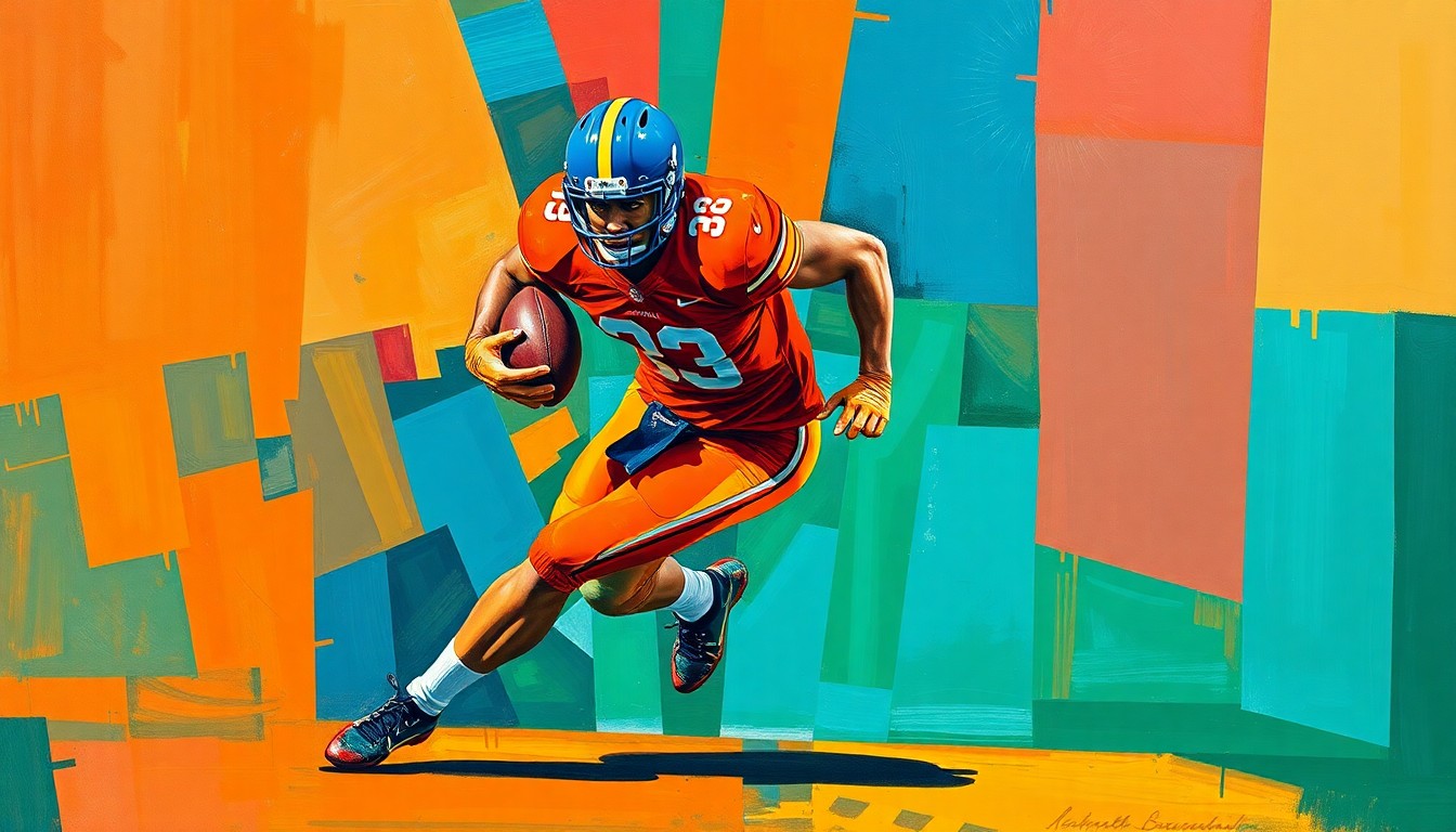 A fragmented, cubist-style painting depicting a college football player in motion, with sharp geometric shapes and planes in vibrant colors representing the raw athleticism and energy of the sport.