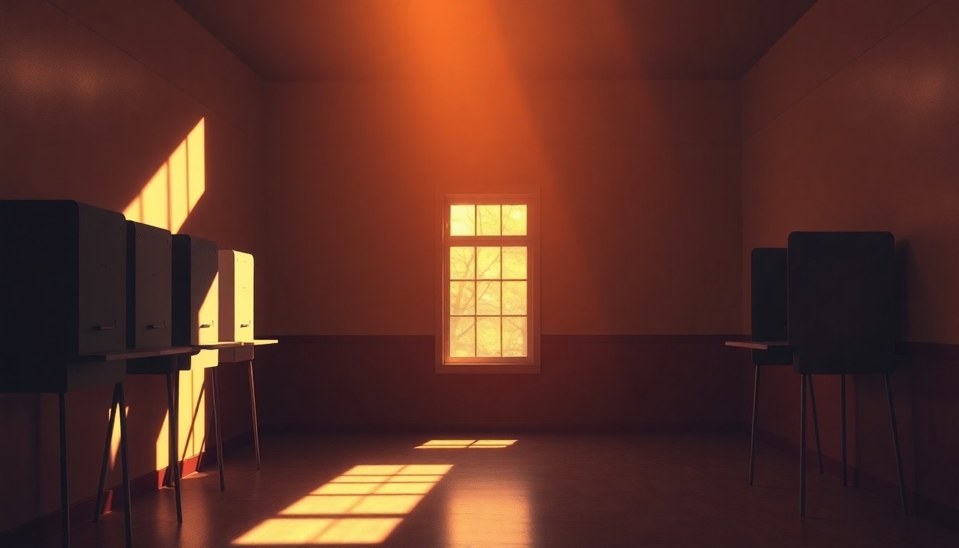 A warm, cinematic painting of an empty polling place or voting booth, with deep shadows and diagonal sunlight creating a sense of quiet isolation and melancholy.