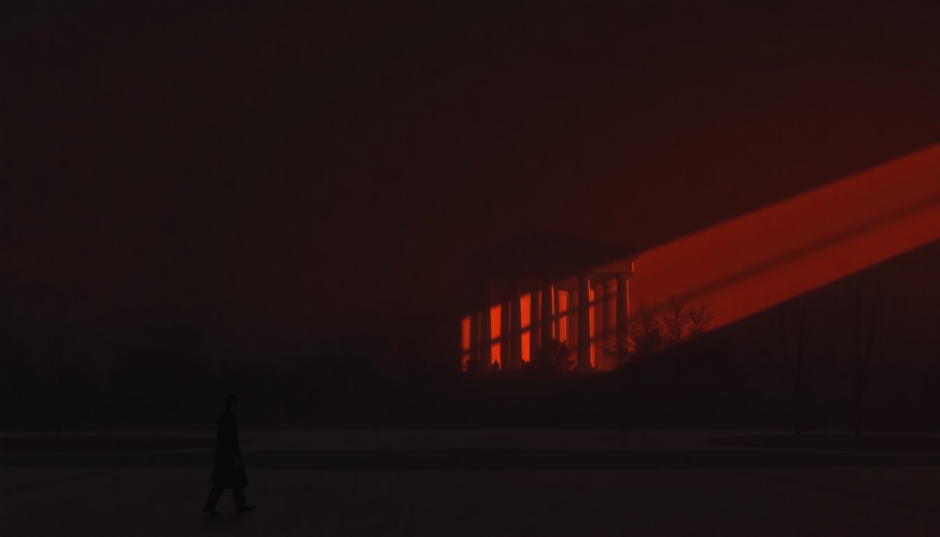 A dimly lit, cinematic painting of an empty government office, with warm sunlight streaming through the windows and deep shadows covering the walls, conveying a sense of tension and unease.