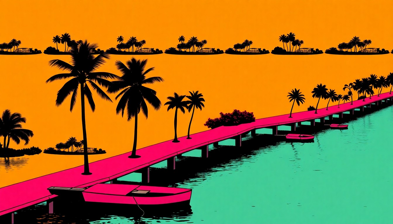 A vibrant, high-contrast silkscreen print featuring a repeated image of a palm tree or other iconic Cape Coral landmark, rendered in a bold, pop art style with bright neon colors and heavy black outlines.