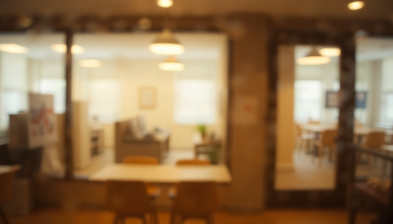 An abstract, impressionistic photograph showing a blurred, out-of-focus scene of a nonprofit organization's office or community center, with warm, earthy tones and soft, diffused lighting, conveying a sense of community and investment in local causes.