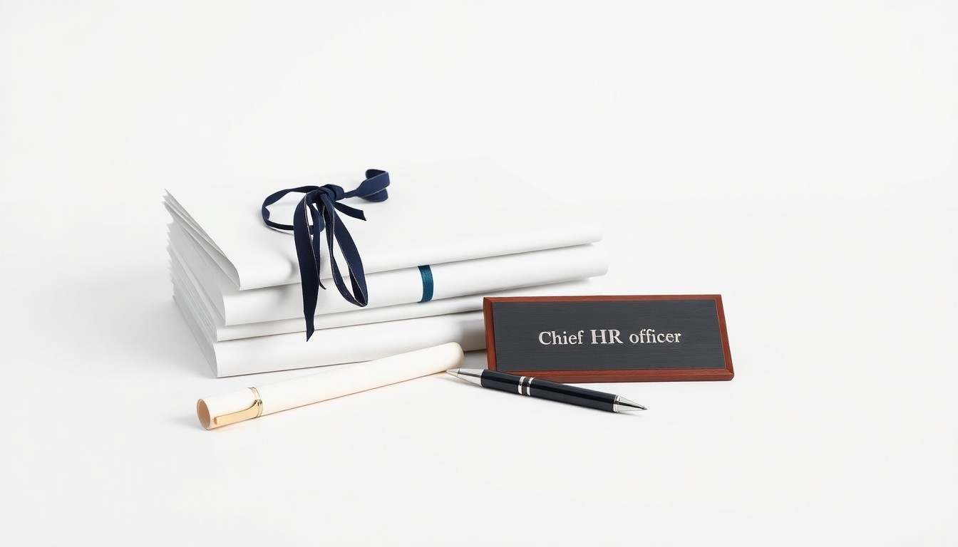 A photorealistic studio still life featuring a stack of university diplomas, a name plaque, and a pen on a clean, monochromatic background, symbolizing the academic credentials and leadership responsibilities of the new chief HR officer for the University of Colorado System.