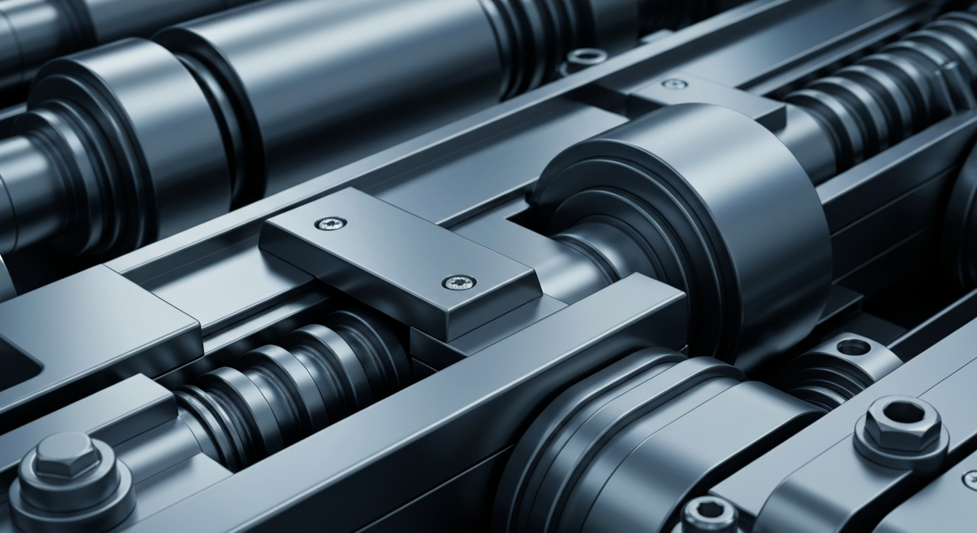 An extreme close-up of intricate, industrial-looking banking machinery and components, conveying the secure, powerful infrastructure of the financial sector without using any literal currency or banking symbols.