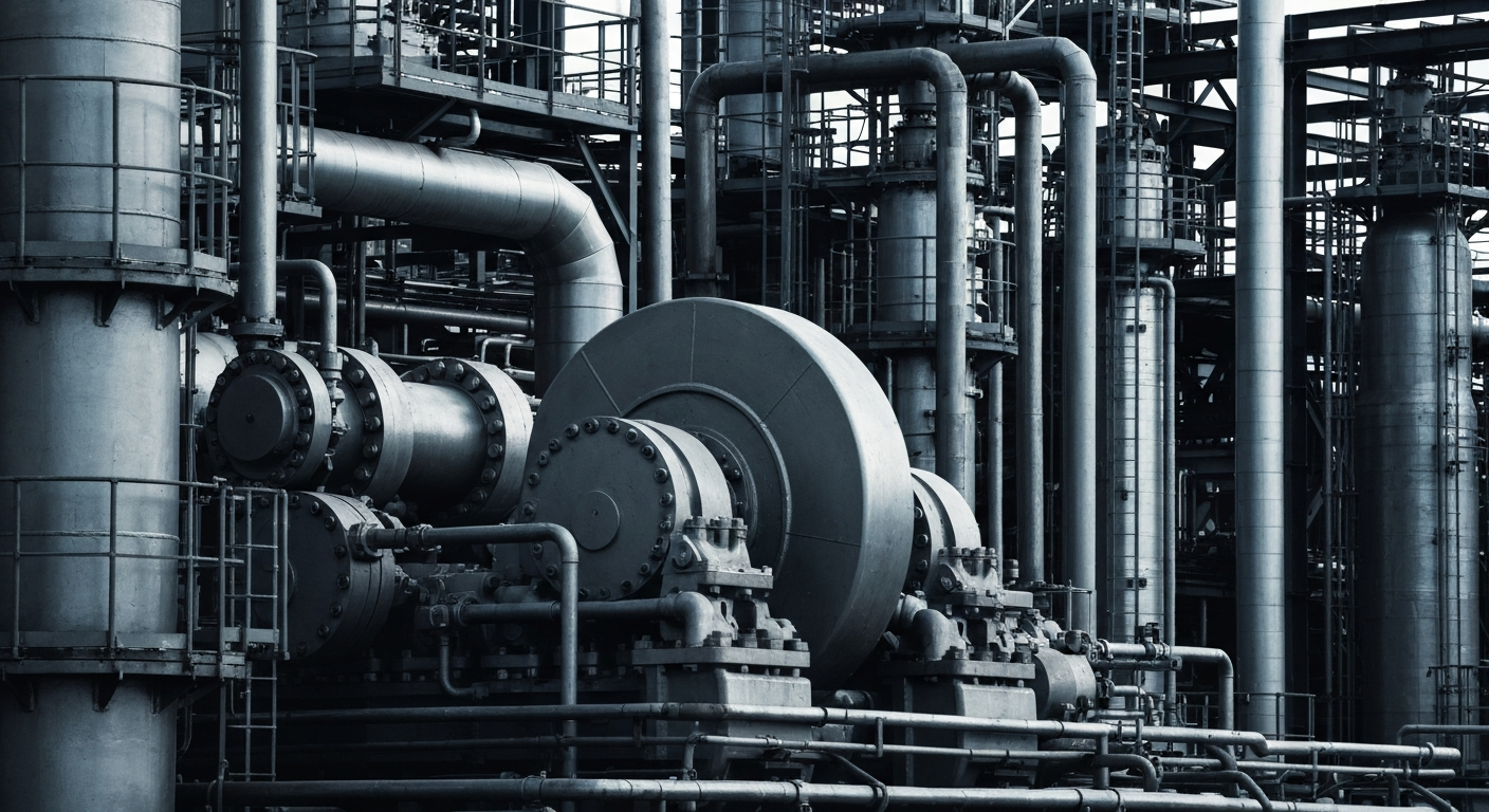 A highly detailed, cinematic close-up of the gears, pipes, and valves of an industrial oil refinery, representing the complex financial infrastructure of the energy sector.