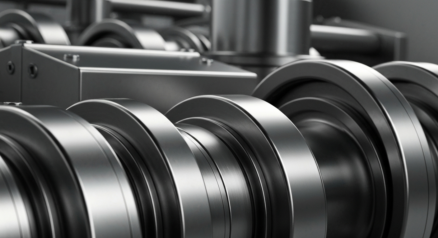 A highly detailed, cinematic close-up image of heavy, metallic industrial machinery and equipment in muted tones of steel gray, conveying a sense of the financial security and institutional power represented by Reliance's business.