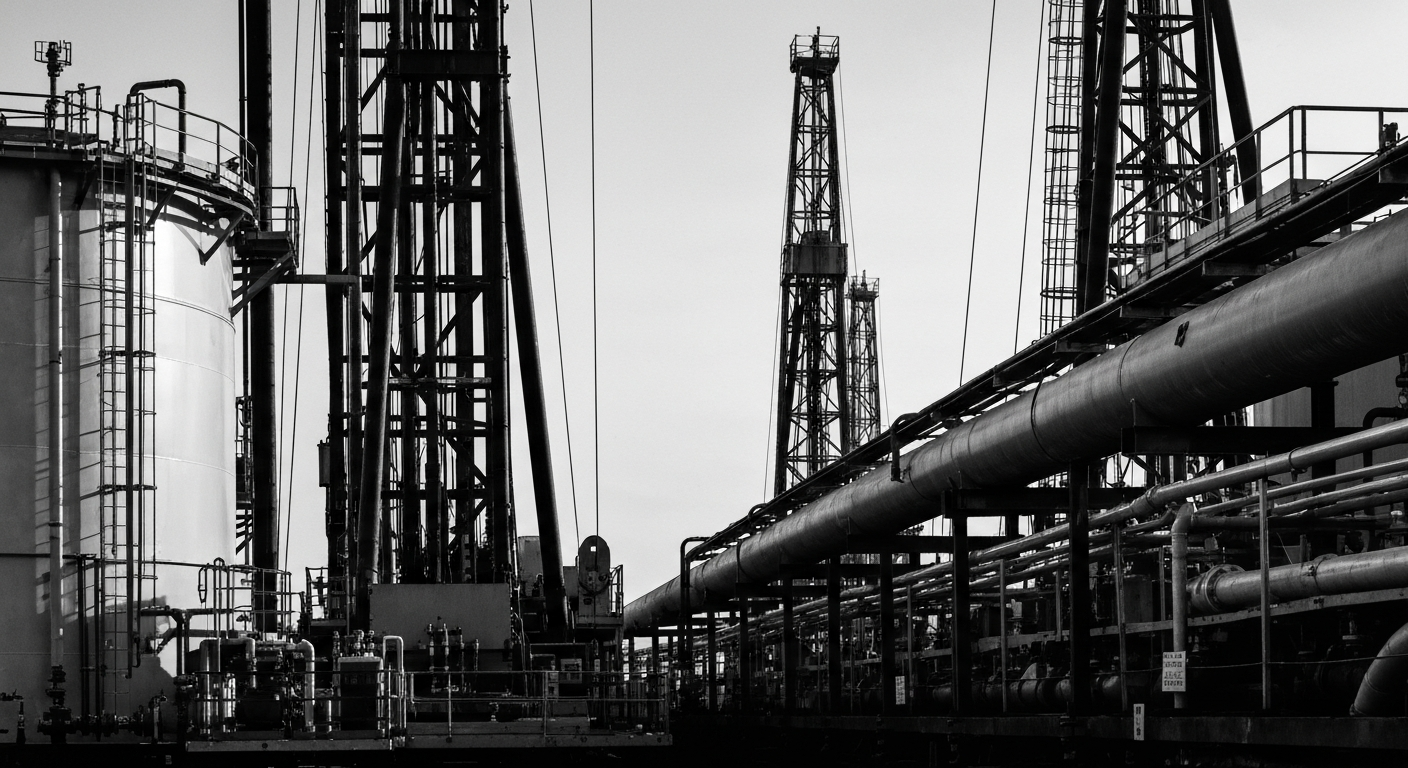A high-contrast, black-and-white close-up image of industrial oil and gas machinery, conveying the scale and technical complexity of the energy industry without using any text or identifiable elements.