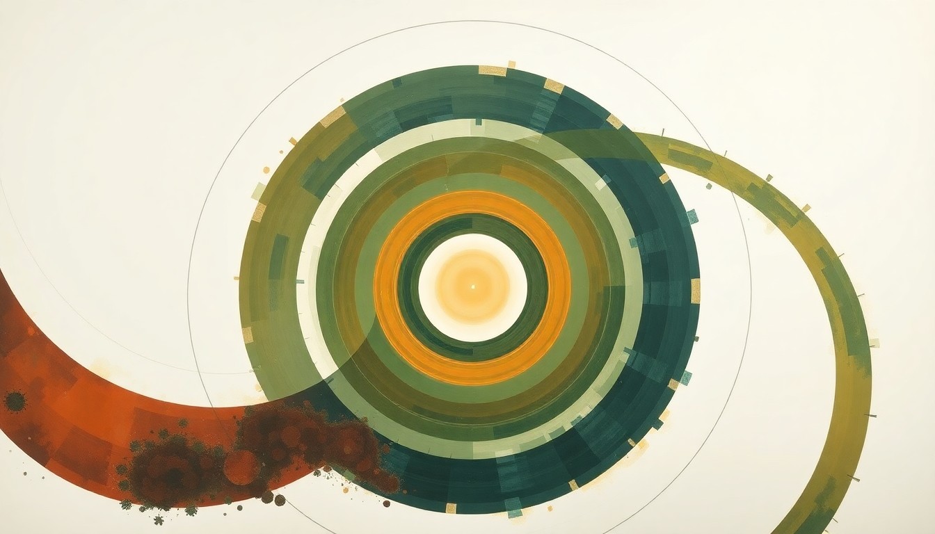 A highly textured abstract painting in soft earth tones, featuring sweeping geometric arcs, concentric circles, and precise botanical spirals, conceptually representing the complex scientific research conducted at Eglin Air Force Base.