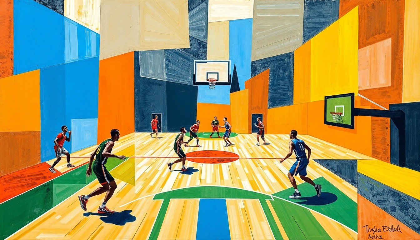 A fractured, cubist-style painting depicting a basketball game, with the players' movements and the court's lines broken down into sharp, overlapping geometric shapes and planes in vibrant colors.