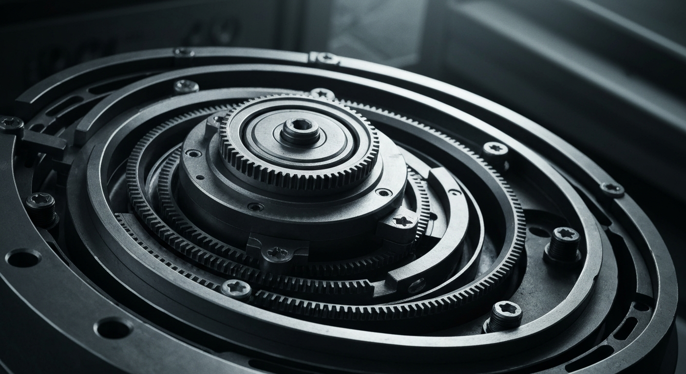 A highly detailed, cinematic close-up of the intricate gears, mechanisms, and components of a medical device, captured in a heavy, industrial style that conveys the sophistication and precision of Johnson & Johnson's manufacturing processes.