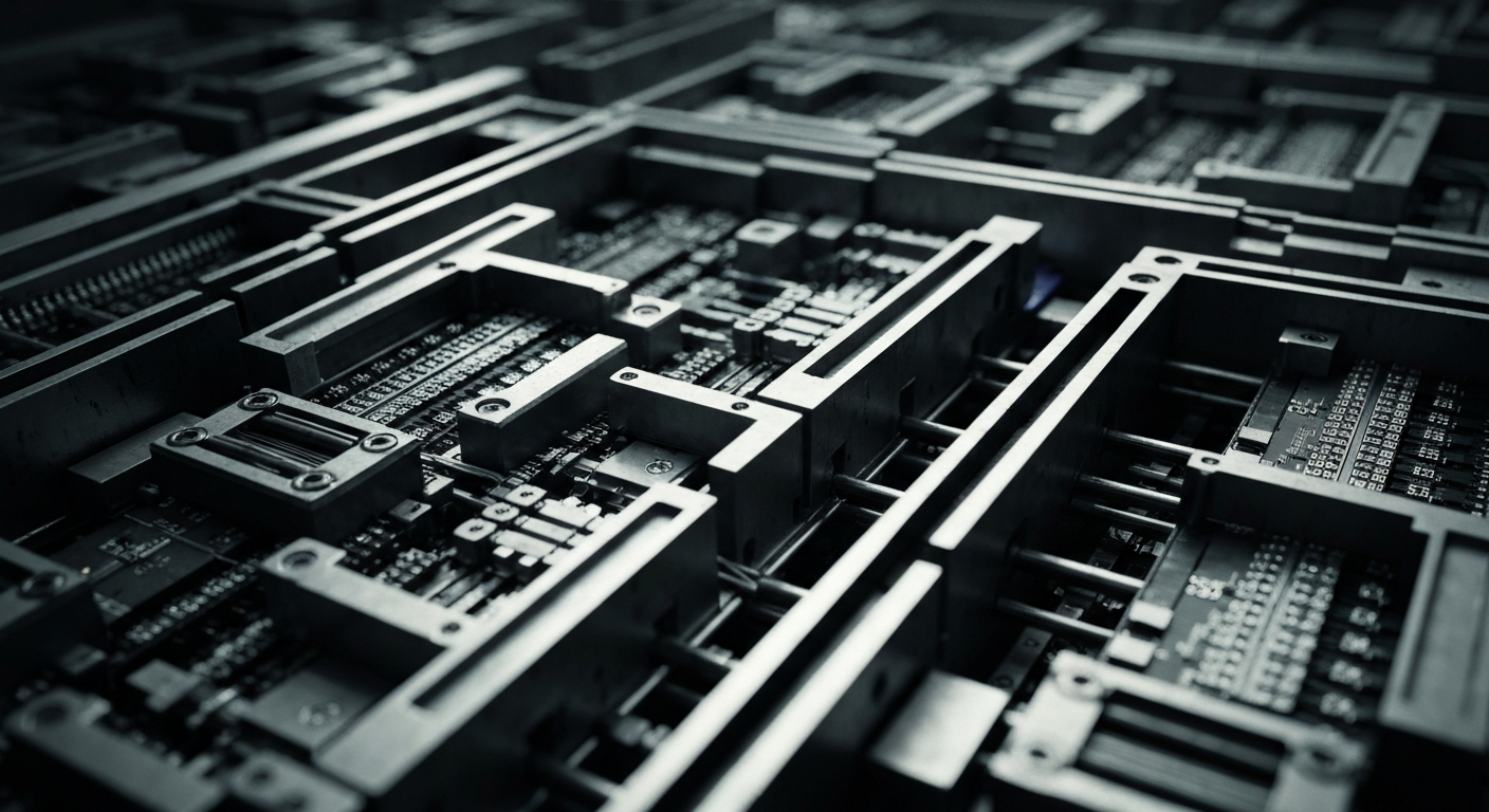A cinematic close-up of the intricate, heavy machinery and industrial components that power Broadcom's semiconductor manufacturing facilities, captured in a high-contrast, black-and-white style that emphasizes the scale and complexity of modern chip production.