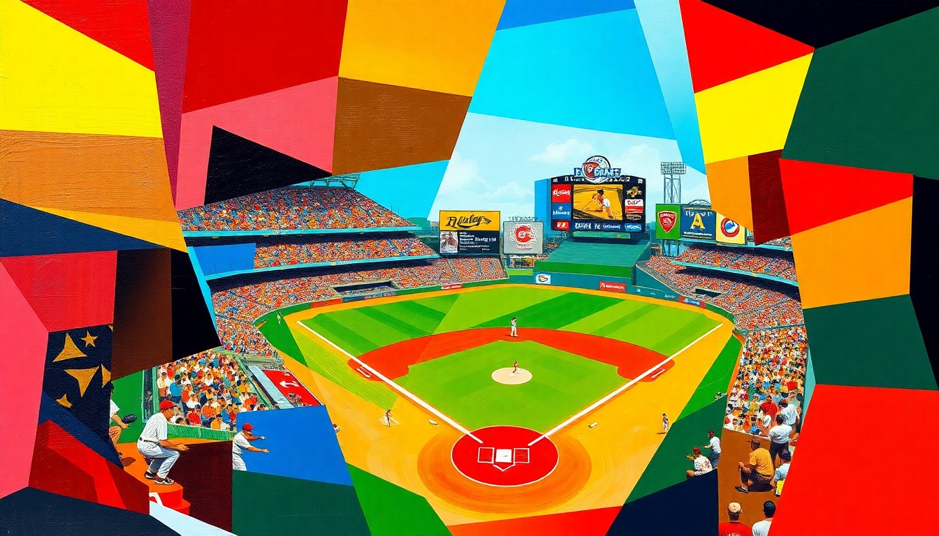 A cubist, geometric painting in primary colors depicting a fractured, multi-perspective view of a baseball game, conceptually representing the excitement and energy of high school sports.
