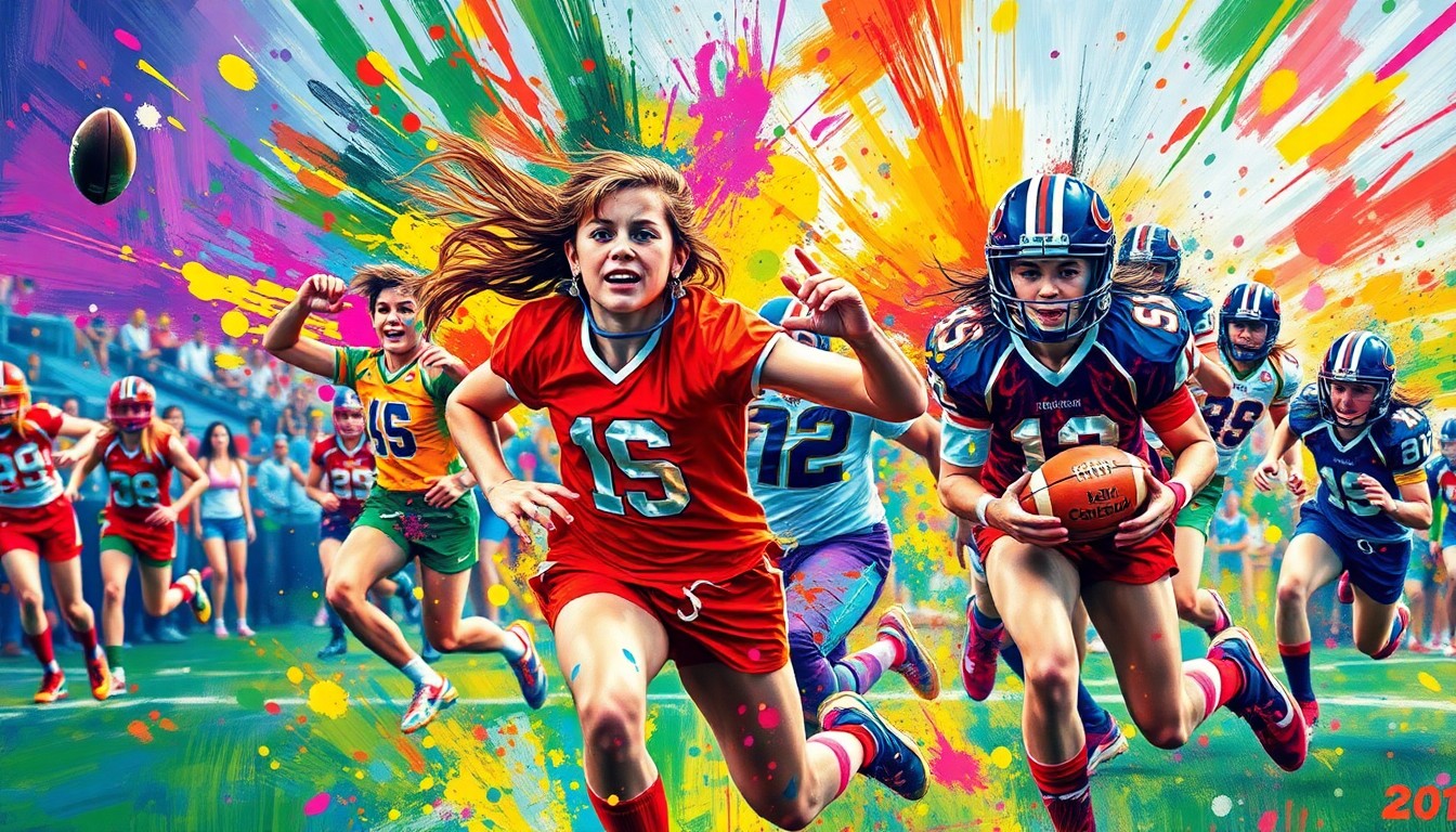 An abstract, energetic painting featuring bold brushstrokes and neon colors that capture the dynamic movements and raw athleticism of a girls flag football game.