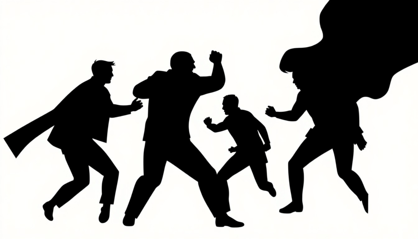 A striking black and white abstract illustration featuring jagged, angular shapes and silhouettes, conceptually representing the unreleased movie 'Broadway Brawler' and the idea of a cinematic 'brawl' or conflict.