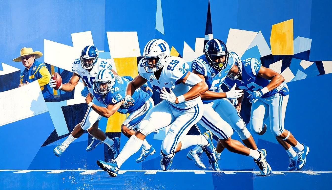 A fragmented, geometric painting depicting the motion and energy of a Duke football running play, with sharp planes of blue, white, and gold hues.