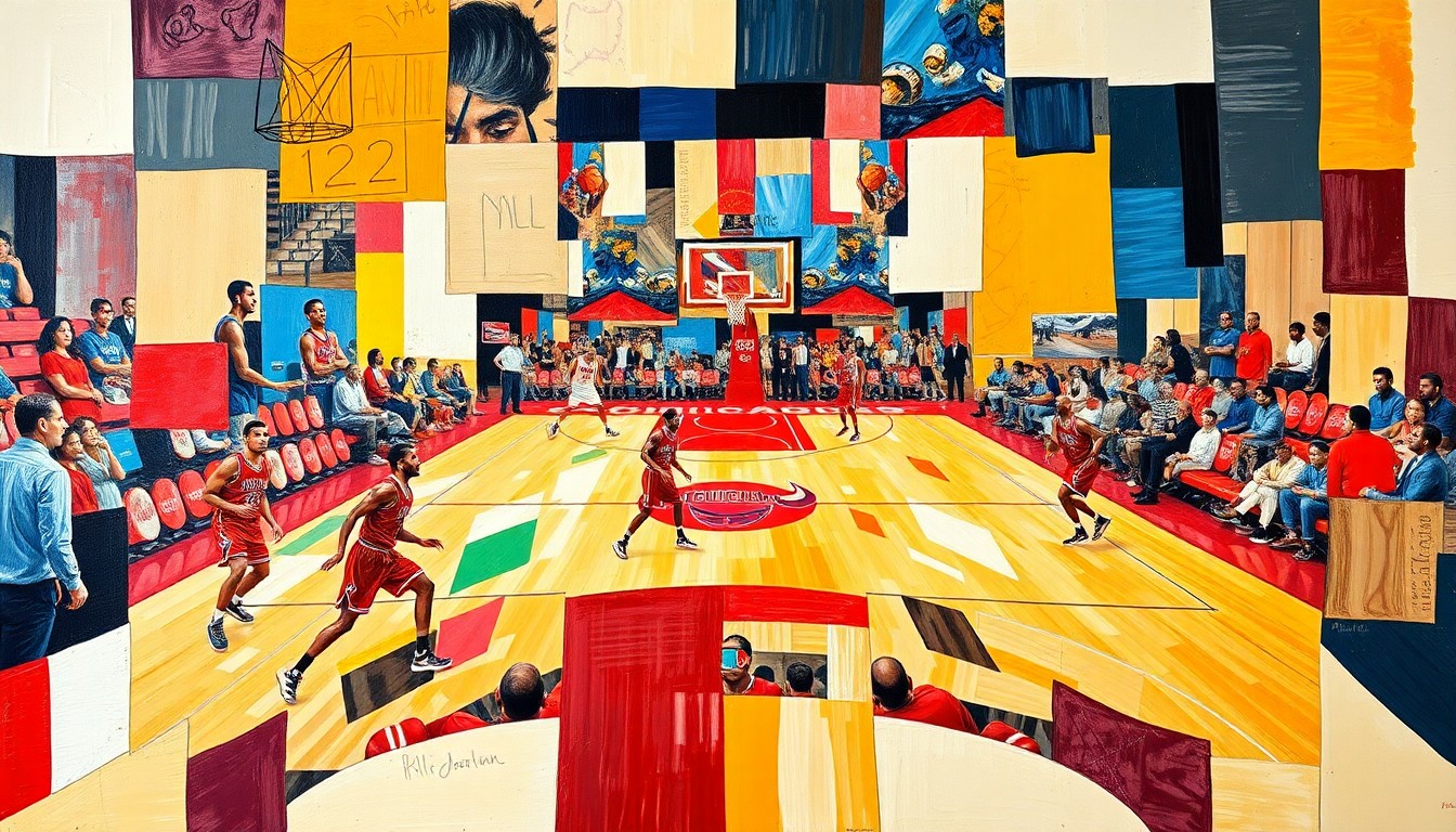A cubist-style painting depicting a fragmented basketball court and players, with the Chicago Bulls' red and white colors prominent, conveying a sense of disruption and transition within the organization.