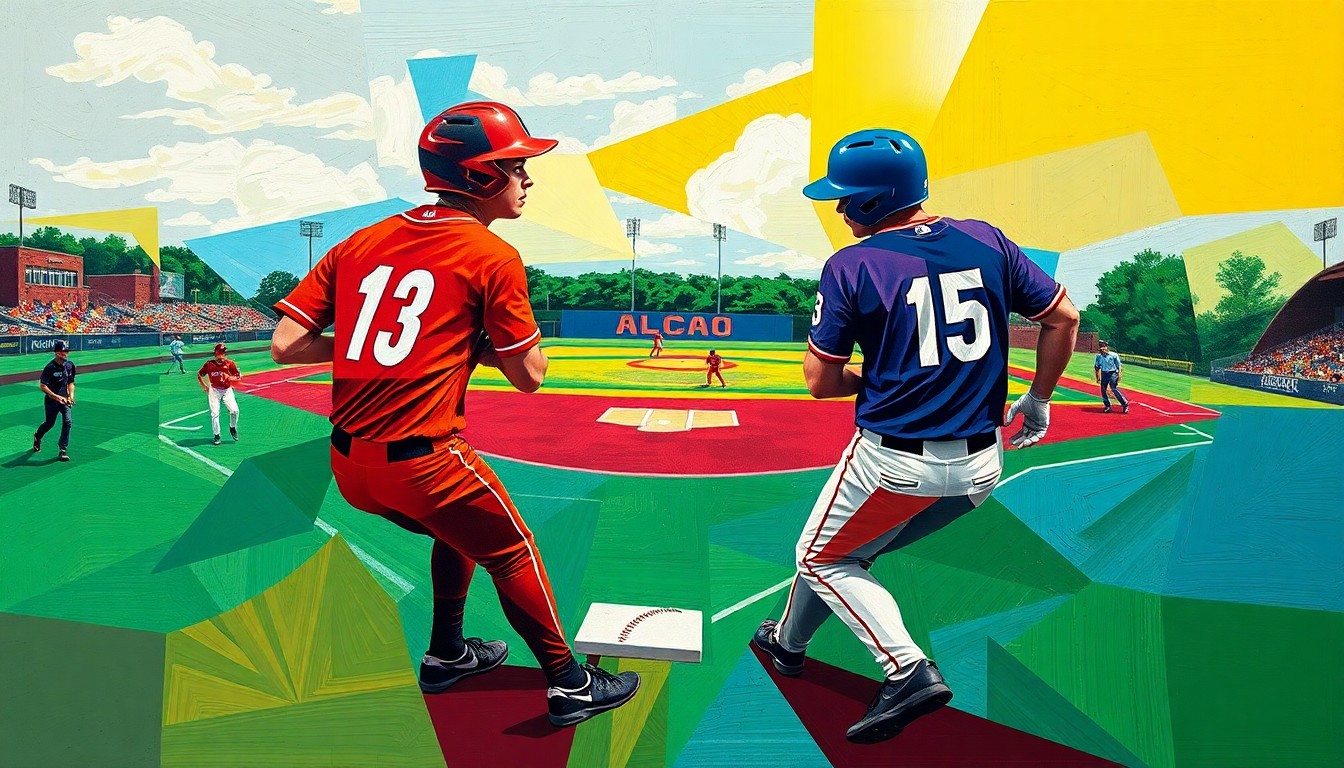A fragmented, geometric painting depicting the dynamic movements and competitive spirit of a high school baseball game, with the players and field deconstructed into overlapping angular shapes in the vibrant colors of the two rival teams.