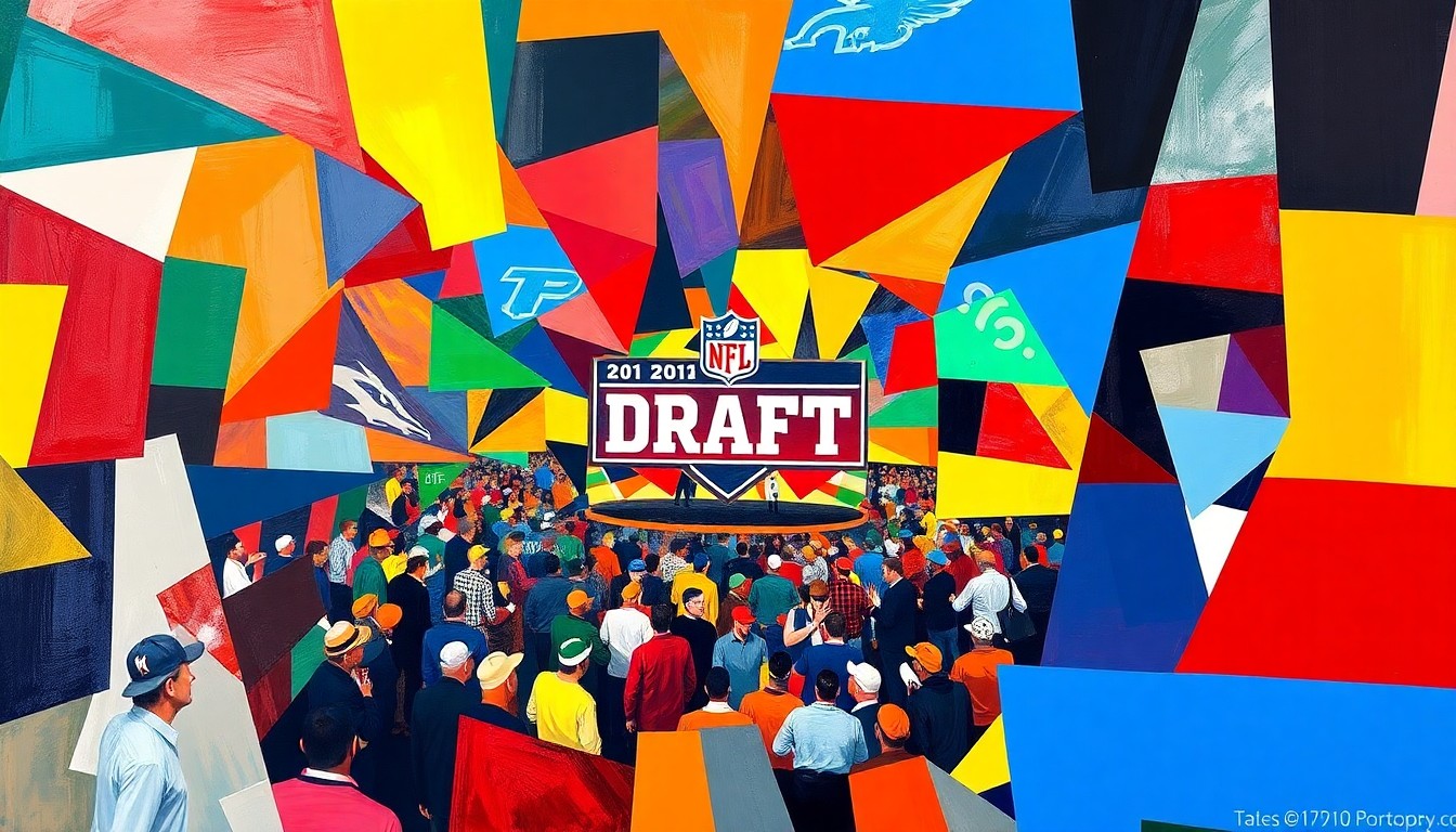 A fragmented, geometric painting in bold team colors, capturing the dynamic atmosphere of an NFL Draft event through Picasso's signature cubist style.